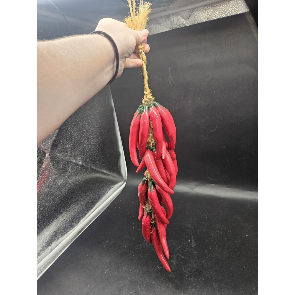 Vintage Mexican Ceramic Chili Pepper Ristra Hanging Decor - 20" Red Peppers